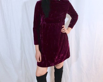 Vintage 60s Union Made Burgundy Mod Crushed Velvet Babydoll Mini Dolly Dress S