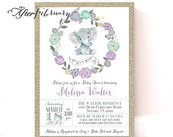 Rustic Girl Elephant Baby Shower Invitation Lavender Mint Burlap // Little Peanut Baby Shower Invites // Printable OR Printed No.1492BABY