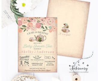 Baby Shower Tea Party Invitation - A Baby is Brewing Invitation Floral Baby Shower Invitation Girl Printable No.734BABY