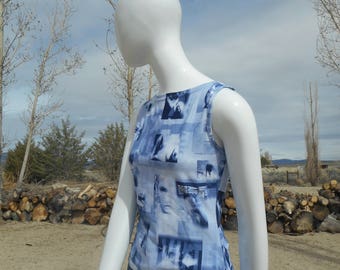 90's Rave Vintage Blue and White Elements Sleeveless Blouse (Women's Size Medium)