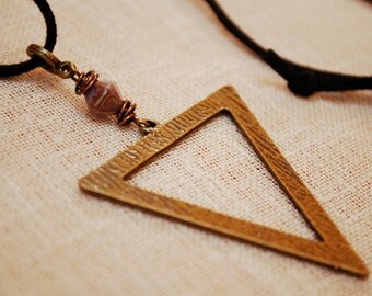 Geometric necklace, black leather cord pendant, tribal beaded necklace, unique triangle bronze jewelry, long exclusive everyday jewelry