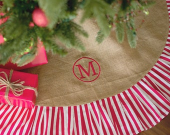 Christmas Tree Skirt, Monogrammed Tree Skirt, Ruffled Tree Skirt, Burlap Christmas Tree Skirt, Christmas Home Decor, Red Christmas Decor