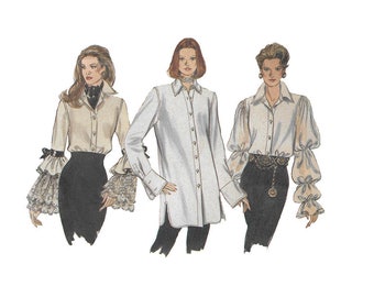 1990s women's shirt pattern, Vogue 8773, size 6 to 10, Bust 30.5 to 32.5", extended shoulders, ruffles, pleats, ribbons, button front, UNCUT
