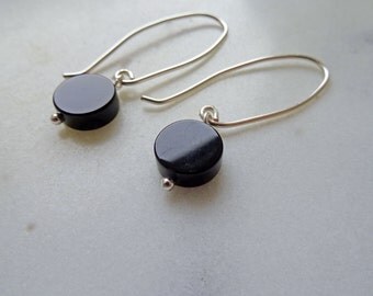 Black Onyx earrings - black gemstone ear threader - disk earrings - lagenlook - long black earrings - Onyx earrings - modern minimalist - UK