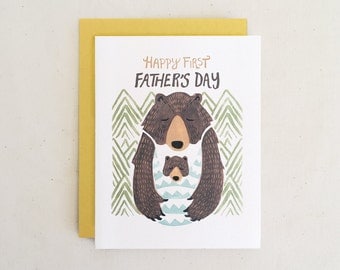 Happy First Father's Day Card // Papa Bear Baby Hand Lettering Sweet Whimsical Modern Watercolor Drawing Nature Woodland Quirky Paper Pony