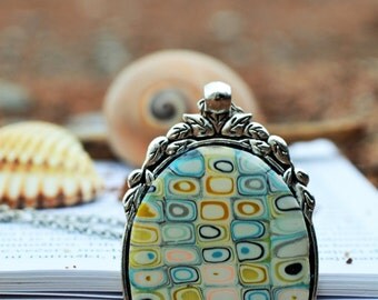 Polymer Clay Jewelry, Turquoise Pendant, Gustav Klimt style jewelry, Long Geometric Necklace