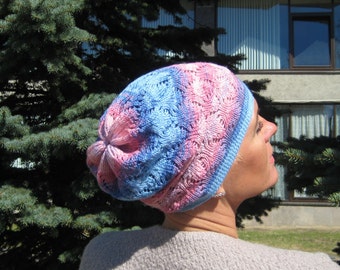 Pink laced hat Cotton summer beanie Blue beanie Gift for teen Gift for daughter Knitted spring hat Confirmation gift Sweet 16 gift for her