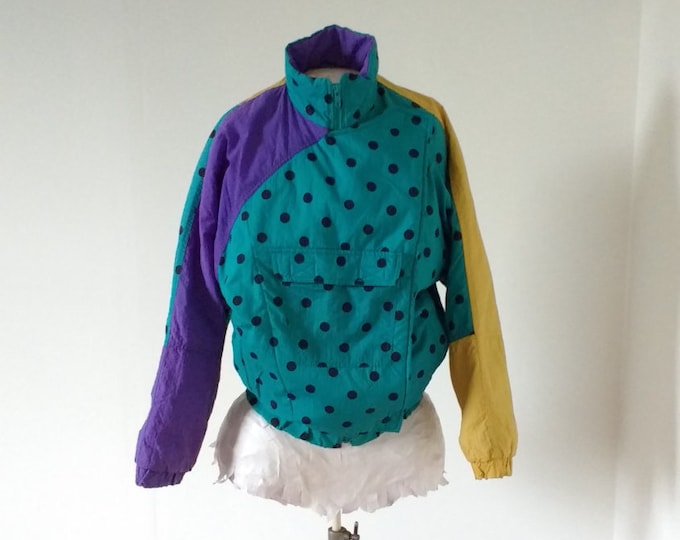 Vintage 1980s ladies jacket, teal mustard purple with polkadots, size Small, retro ladies fashion, windbreaker spring coat, autumn jacket