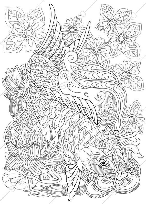 Carp Koi Fish Adult Coloring Page Zentangle Doodle Coloring