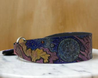 Galaxy ID Tag Holder Collar - Hand-Tooled Leather - Ready to ship!