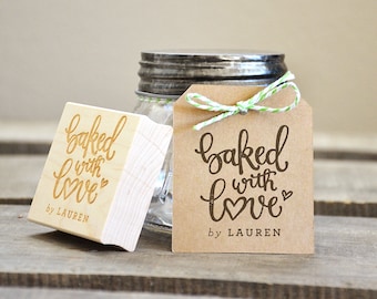 Baked with Love Rubber Stamp, With or Without Personalized Name. For Wedding Favors Tag with Wedding Date. Baked Goods Gift Tag Stamp