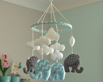 BABY BOY MOBILE - Nursery Mobile - Blue Grey Mobile - Elephant Mobile - Chevron Polka Dot Mobile - Made To Order