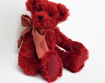 Theo - OOAK Mohair Teddy Bear, jointed artist teddy bear, red mohair fabric teddy bear, 13" stuffed bear doll, collectible stuffed animal
