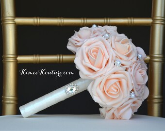 PINK BLUSH BRIDESMAID Bouquet with Bling Gem Brooch. Pink Blush Wedding. Pink Blush Bouquet. Pale Pink Bouquet Custom made to order