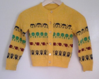 Vintage 1970's Yellow Knit Cardigan Sweater Smiley Face Trees Umbrellas Sz 4 5 Retro Hippie