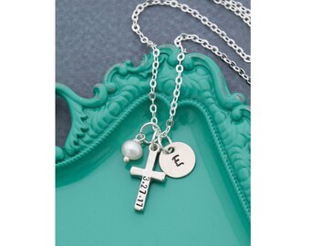 SALE • Cross Necklace Baptism Gift • First Communion Necklace • Little Girls Baptism Necklace Date Baptism • Personalized Silver Cross Charm