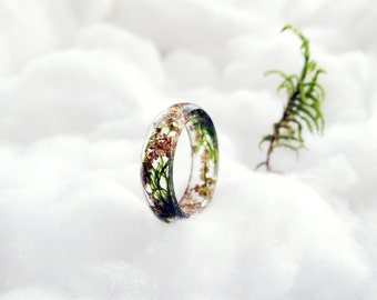 Moss ring gold ring gold flakes gift/for/her resin ring botanical ring nature ring moss necklace terrarium silver chain elven forest fairy