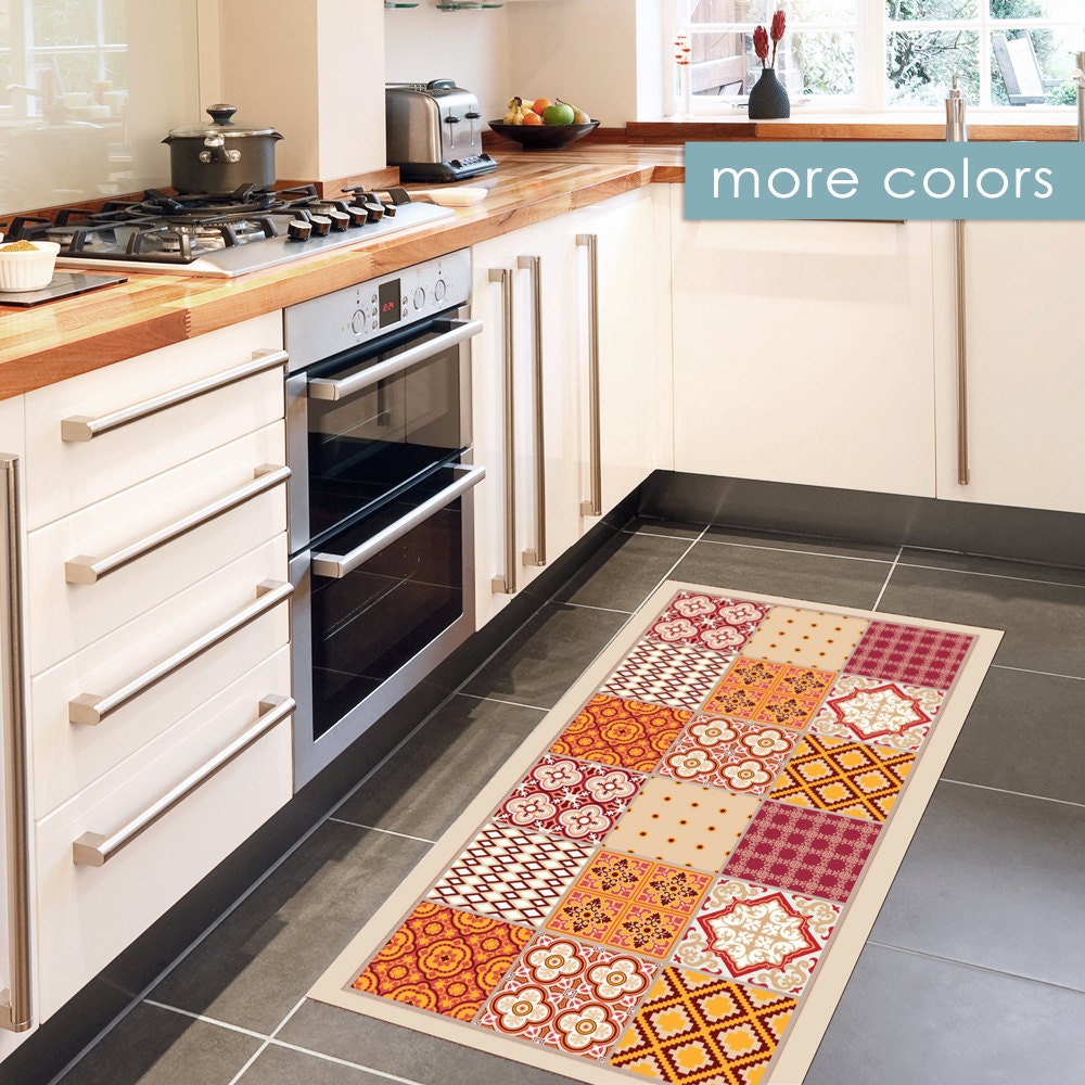 Printed rug with mixed tile pattern in warm colors. kitchen