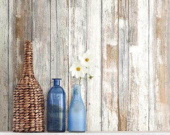 Distressed Wood Peel and Stick Wallpaper Gray Brown White 3D Realistic Reclaimed Barnwood RMK9050WP - Sold by the Yard