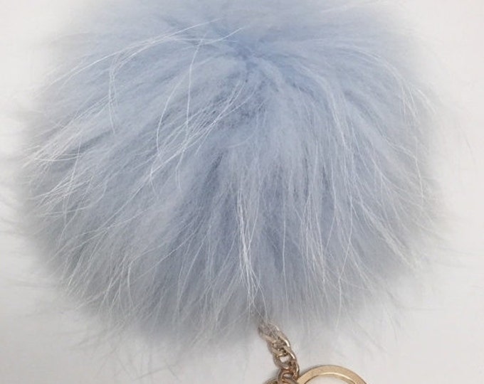 Very Light Blue Raccoon Fur Pom Pom bag charm clover flower charm Keychain fur puff ball totem