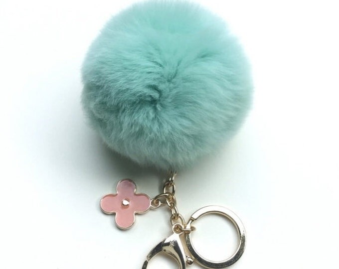 Candy Green fur pom pom keychain REX Rabbit fur pom pom ball with flower bag charm