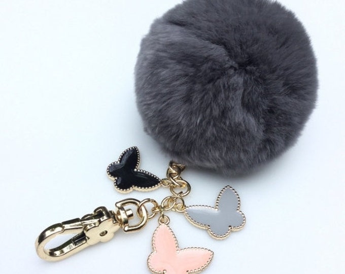 French Grey Rex Rabbit Fur Pompon bag charm pendant Fur Pom Pom keychain with 3 butterfly charms