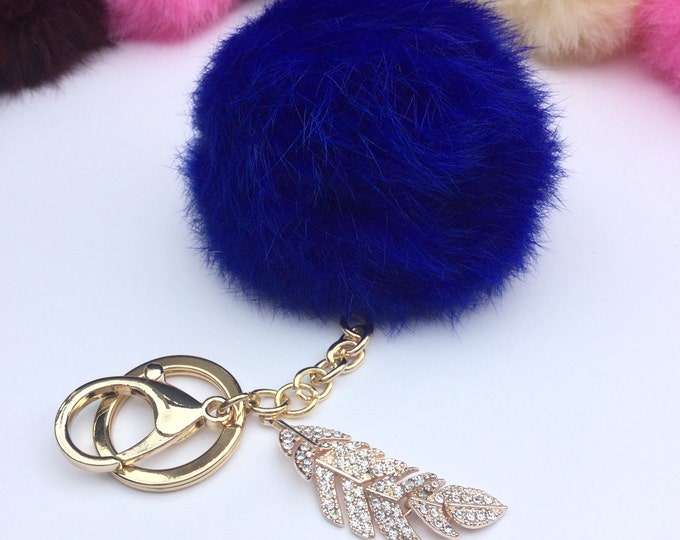 DIY Wholsale Royal Blue Real Genuine Rabbit fur pom pom keychain puff ball charm keyring