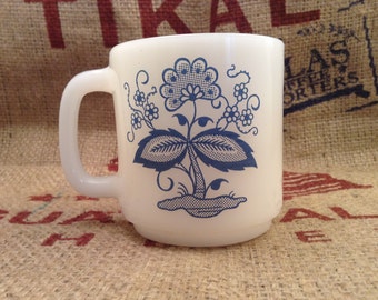 Glasbake Coffee Mug Blue and White Milk Glass