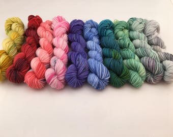 Ten mini skeins of Victoria sock merino/nylon handdyed