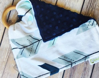 Teething Lovey - Teething Blanket - Wood Teething Ring - Teething Gift for Baby Boy - New Mom Gift - Baby Shower Gift - BPA Free