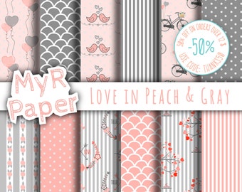 Valentines Digital Paper: "Love in Peach & Gray" for scrapbooking, invite, card – perfect for Valentine's day and Shabby Chic projects