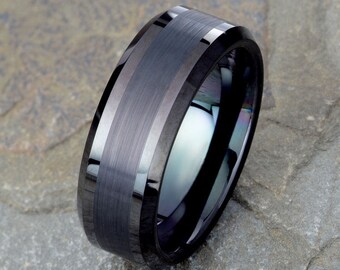 black brushed tungsten wedding band mens tungsten ring 8mm mens ring polished beveled - Mens Tungsten Wedding Rings black brushed tungsten wedding band mens tungsten ring 8mm mens ring polished beveled - Mens Tungsten Wedding Rings