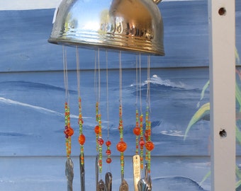 Vintage Shabby Chic Stainless Tea Kettle Silverware & Glass Bead Wind Chime ORANGE