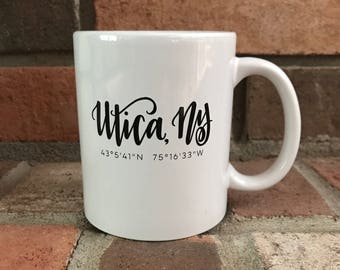 Utica, NY Mug with Travel Coordinates | Utica Coffee Mug | Limited Edition Utica Mug | Utica Mug
