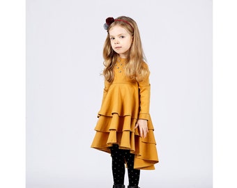SALE !Girls cotton dress-Mustard girl dress-Organic girl dress-toddler spring dress-Pom pom dress-cotton baby dress-long sleeve dress