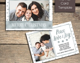 Gleaming Silver Stars Christmas Card - 7x5 Photoshop Template - INSTANT DOWNLOAD