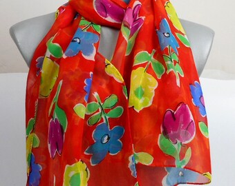 Vintage Silk Scarf, Floral Chiffon Silk, Long Scarf, Sheer Silk Scarf