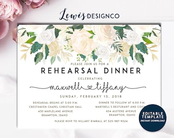 Watercolor Floral Rehearsal Dinner Invitation, Party Invite, Wedding Card, Wedding Dinner, Instant Download Editable Printable pdf jpeg