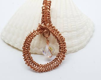 Copper wire wrapped pendant Swarovski crystal wire weaving
