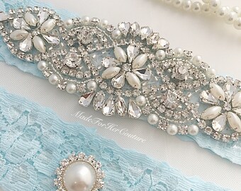 Light Blue Wedding Garter, Light Blue Bridal Garter Set, Blue Lace Garter, something blue garter, Vintage Garter, Blue Wedding Garter Belt