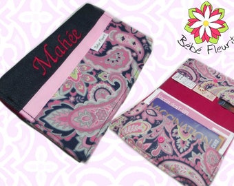 Immunization booklet health cover personnalized prénom damask flower pink coton