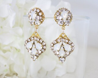 Wedding Earring. Gold and White Opal drop earring, Swarovski crystal wedding earring, Unique teardrop shape bridal earring