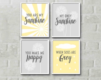 You are my sunshine wall art, nursery rhyme print set of 4, sunshine nursery wall art, nursery quotes, pink yellow navy, custom colours