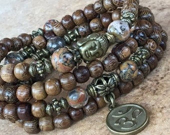 108 Prayers Beads,Natural Wood Beads,Jasper Leopard Stone,108 Mala Bracelet,Yoga Necklace 108,Tibetan Mala Meditation,Jewelry Charm,Zen Mala