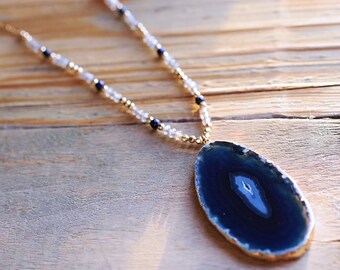 Blue Geode Beaded Necklace // 14k Gold Fill
