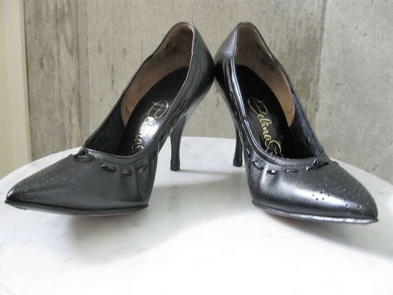 Vintage Black Leather Winklepickers High Heel Shoes 1950s
