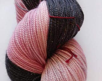 Hand dyed yarn, 100 g fingering weight, superwash merino, sparkle, black, pink, and gray, Daddy's Little Girl