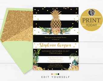 GOLD PINEAPPLE BRIDAL Shower Invitation, Instant Download, Gold Glitter Pineapple Bridal Shower Invitation, Black and Gold Bridal Shower
