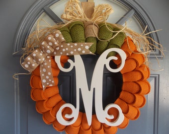 Pumpkin Wreath, Burlap Wreath, Fall Wreath, Thanksgiving Wreath, Autumn Wreath, Monogram Wreath, Orange Wreath, Shabby Chic Wreath