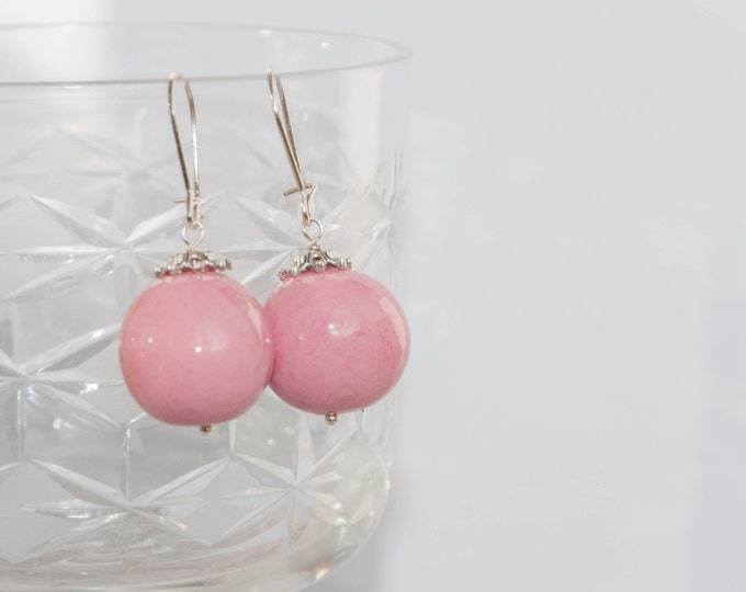 Pale pink earrings, Pink dangle earrings, Big pink earrings, Pink ball earrings